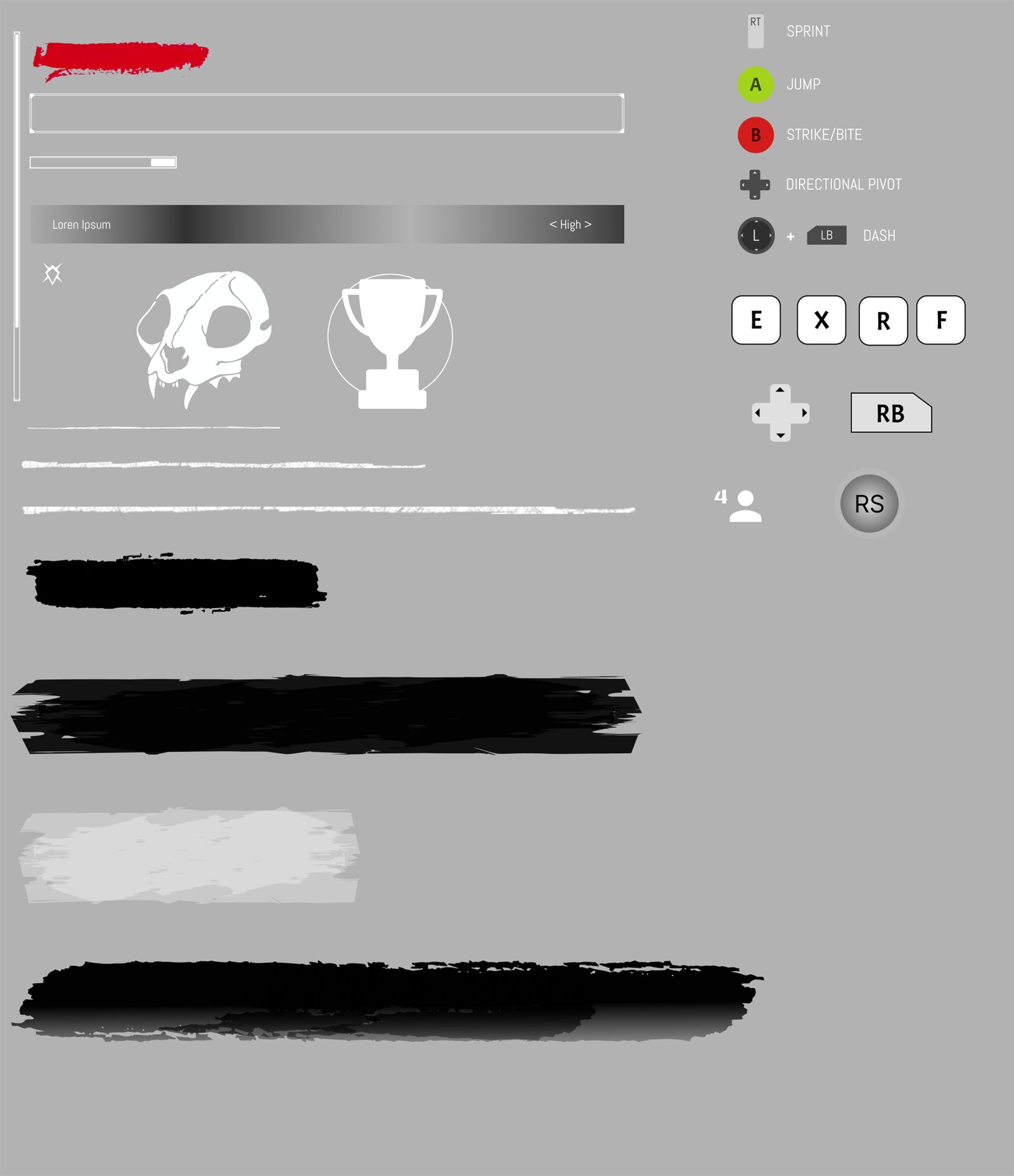 Component sheet of buttons, sliders, dropdowns, brush strokes, skull and trophy icons, and controller and keyboard input prompts